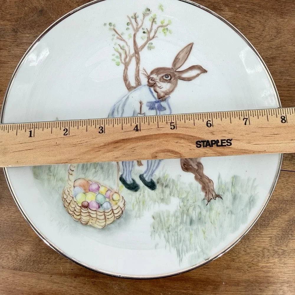 VTG Late 20 Century Easter Plate with Hand Painted Bunny Rabbit Eggs Silver Trim